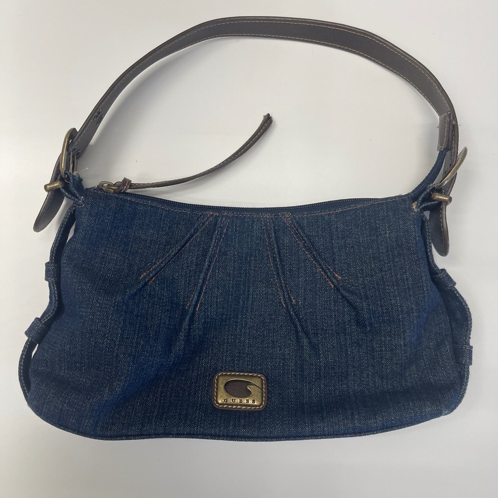 Guess Shoulder Bag Purse Blue Denim Jean Leather Buckle Vintage Y2K Retro Indie